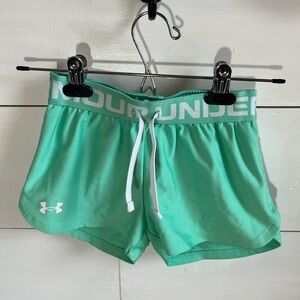 Under Armour Girls Mint Green Athletic Shorts with White Drawstring